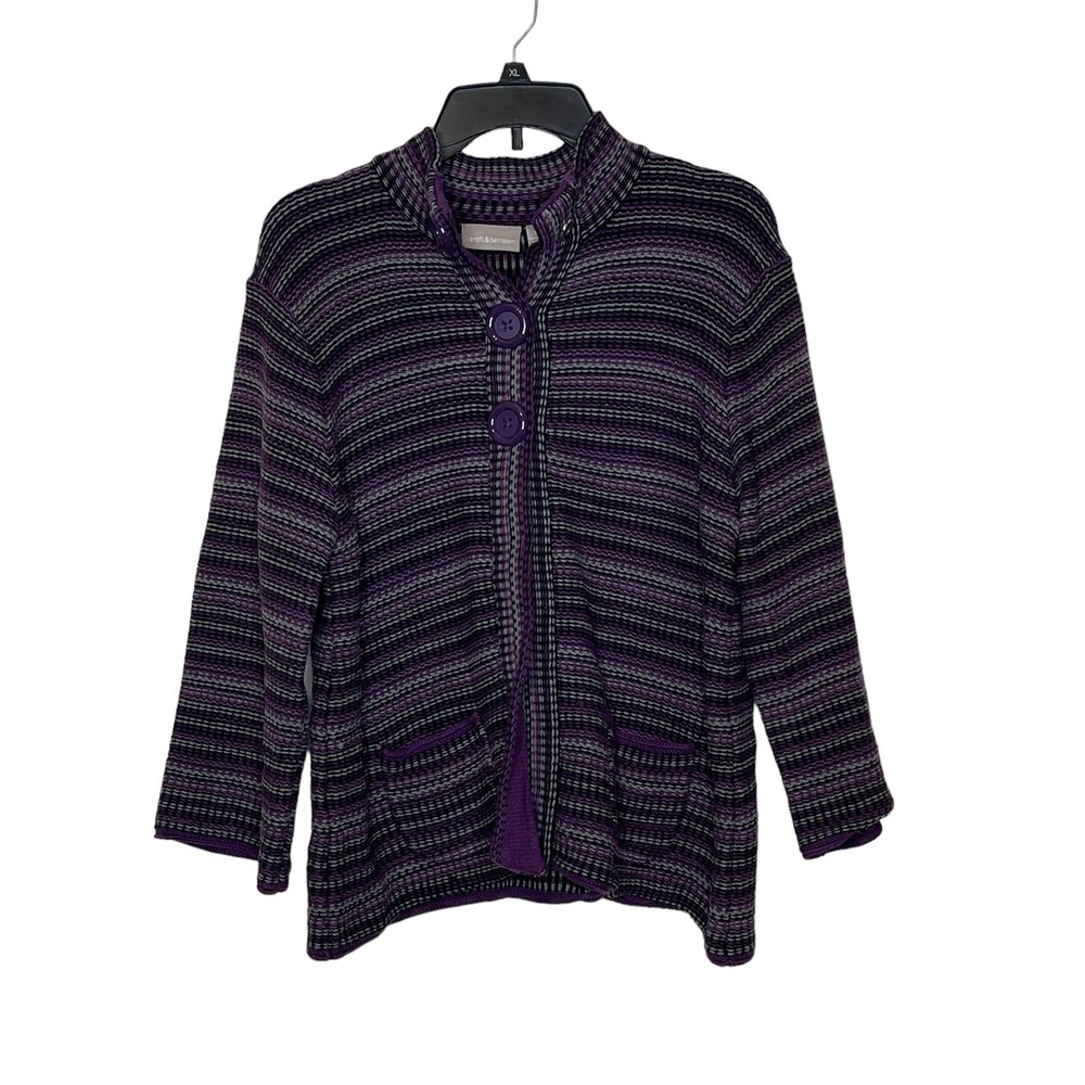 Croft & Barrow Snap Button Cardigan Sweater Knit Purple Striped‎ Women's Large